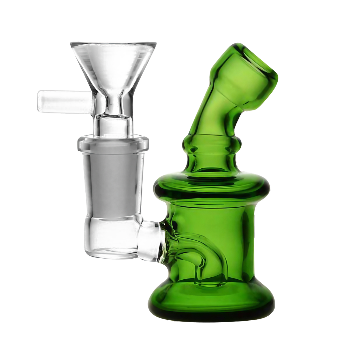 Compact Super Nano Travel Rig Bubbler in green borosilicate glass, side view, for dry herbs