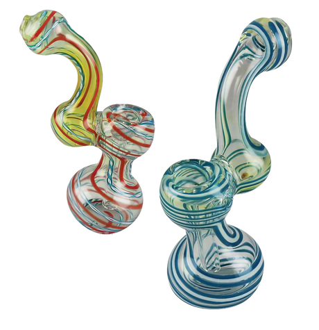 Swirl Stripped Mini Bubbler Glass Pipes in assorted colors with a 5.5" height, side view.