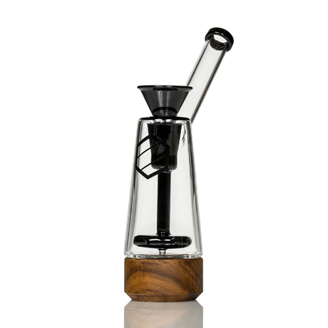 Anomaly Drift 6" Bubbler with Walnut Base, Black Percolator, Front View, Includes Bag