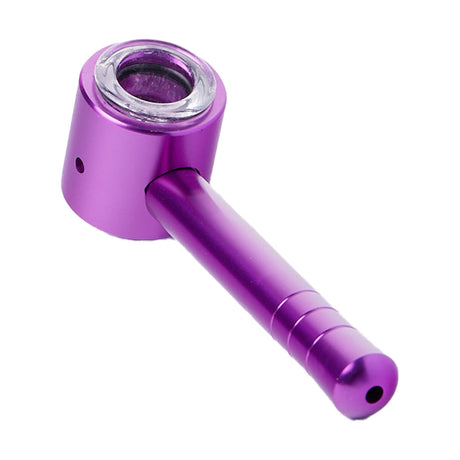 Cheech Glass Metal Pipe with Glass Bowl in Purple, Angled Side View, Compact and Durable