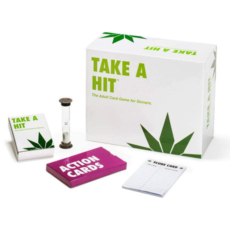 Take a Hit Card Game set displayed, including action cards, score pad, and box, great for parties