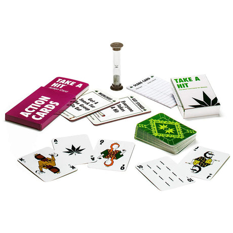 Take a Hit Card Game spread out showing deck, action cards, and rule book