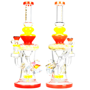 Tataoo Glass Crystal Palace Recycler Dab Rig, Clear with Orange and Yellow Accents, Front and Side Views