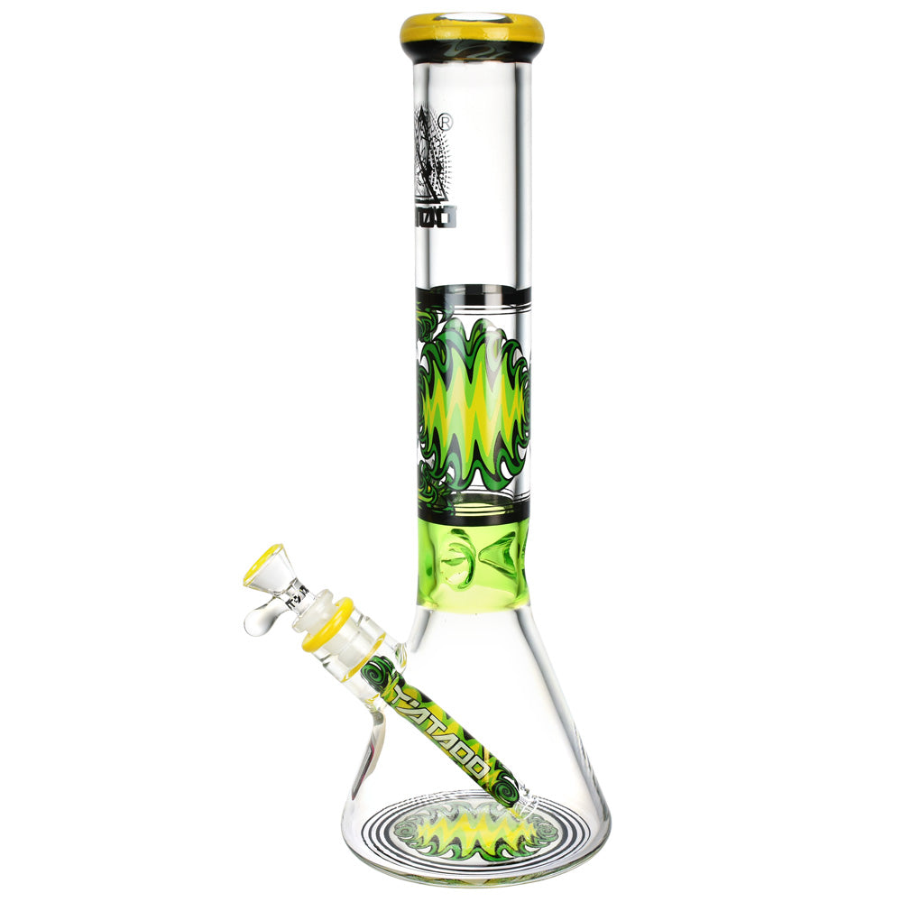 Tataoo Glass Wig Wag Beaker Water Pipe with vibrant green and yellow design, thick glass, for dry herbs.