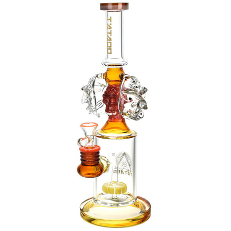 Tataoo Two Faced Skull Water Pipe, 12" Tall, 14mm Female Joint, Amber Color, Front View