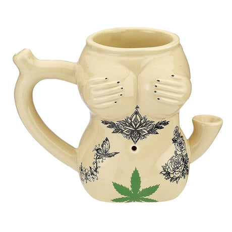Tattoo Girl Ceramic Pipe Mug with intricate designs, 10oz capacity, front view on white background