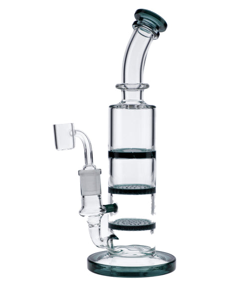 Teal Triple Honeycomb Dab Rig by Valiant Distribution, 9.5in tall with 90-degree joint, front view on white background