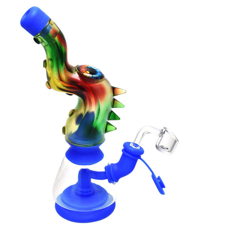 Colorful Tentacle Eye Silicone & Resin Rig, 9.5" tall, angled side view with bowl for dry herbs