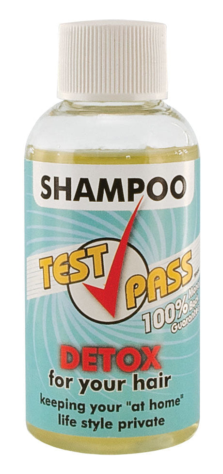Test Pass Detox Shampoo 2oz bottle front view, portable size for easy travel