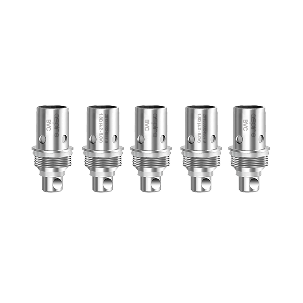 Aspire BVC Coils 5-Pack front view, compatible with multiple devices, options of 1.6Ω & 1.8Ω