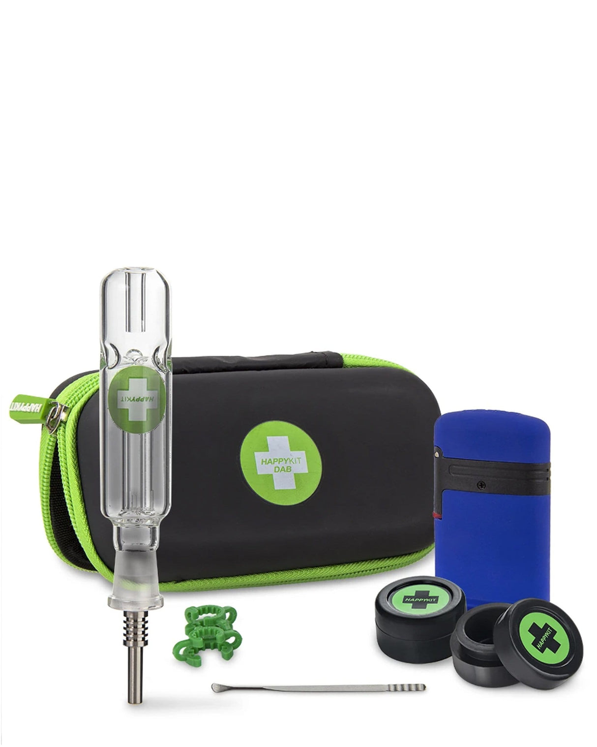 The Happy Dab Kit by Happy Kit in Black with glass dab rig, torch, containers, and poker