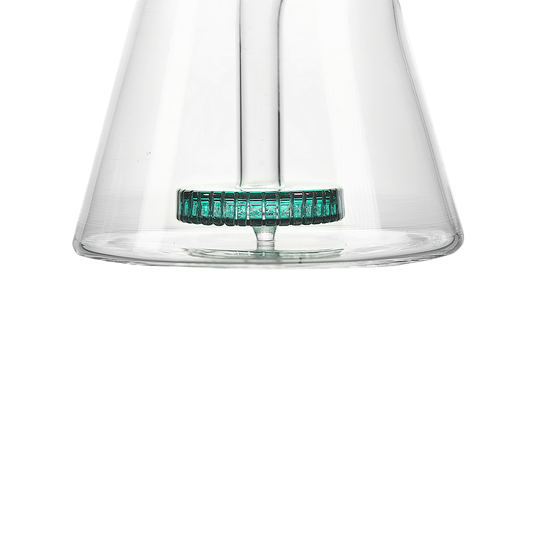Close-up of Hemper Beast Bong 12" base with teal bubble design on clear borosilicate glass