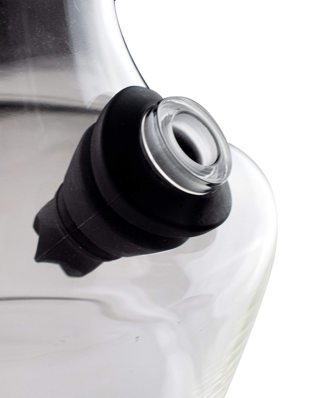 Close-up of High Rise Gravity Bong neck with clear borosilicate glass and silicone seal