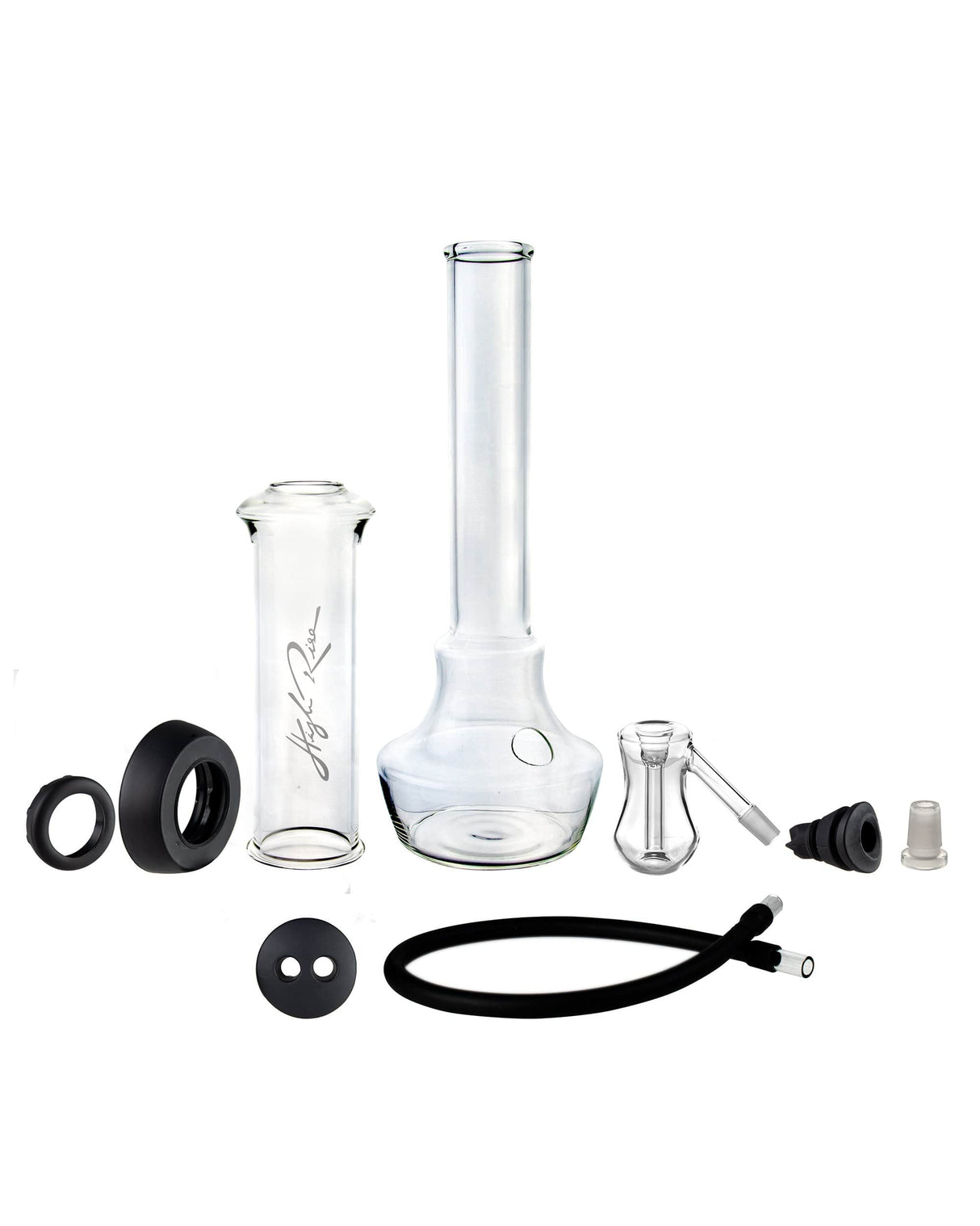 High Rise Gravity Bong by HighRise, clear borosilicate glass, beaker design with silicone parts, front view