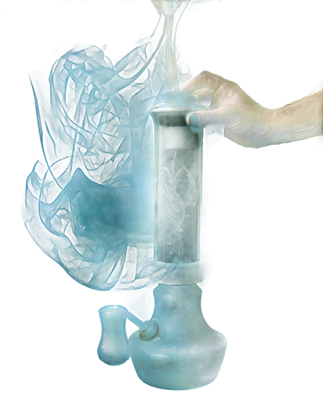 High Rise Gravity Bong by HighRise in action with smoke, clear borosilicate glass with silicone base