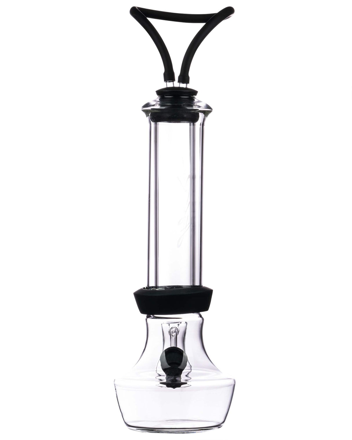 HighRise Gravity Bong in clear borosilicate glass with silicone base, front view on white background