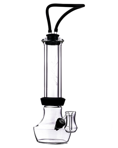 High Rise Gravity Bong by HighRise in clear borosilicate glass with silicone base, front view on white background