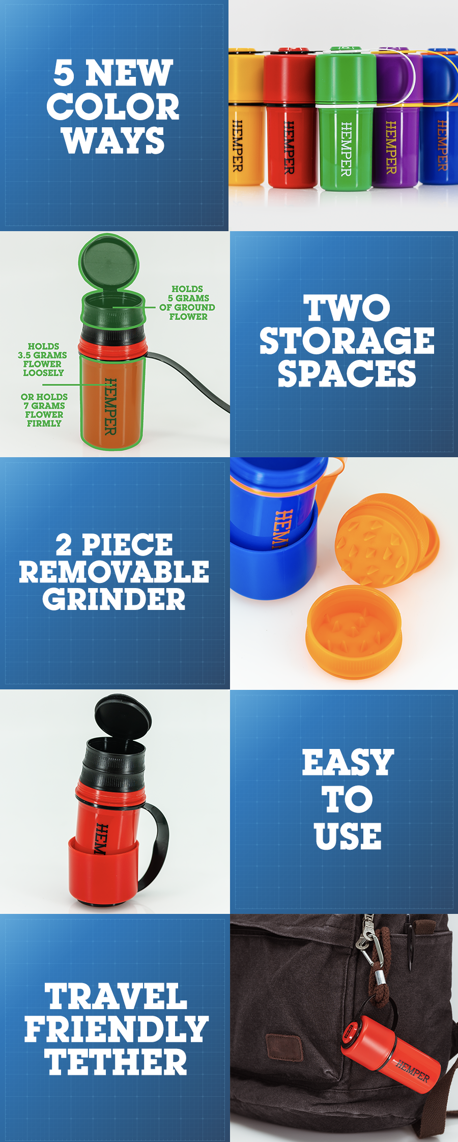 The Keeper by Hemper 3-Part Grinders in various colors with dual storage and travel tether