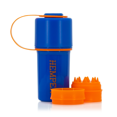 Hemper The Keeper Grinder in Blue and Orange with Stash Storage, Front View