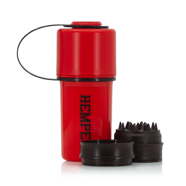 Hemper The Keeper™ 3-Part Grinder in Red with Storage - Front View with Disassembled Parts