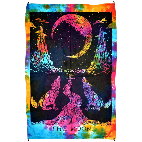 Colorful Tie Dye Cotton Tapestry with The Moon Tarot Card Design, Size 55" x 85"