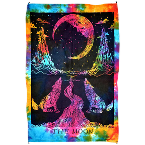 Colorful Tie Dye Cotton Tapestry with The Moon Tarot Card Design, Size 55" x 85"