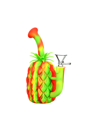 Colorful silicone pineapple-shaped bong with glass bowl, 7" tall, 90-degree joint angle