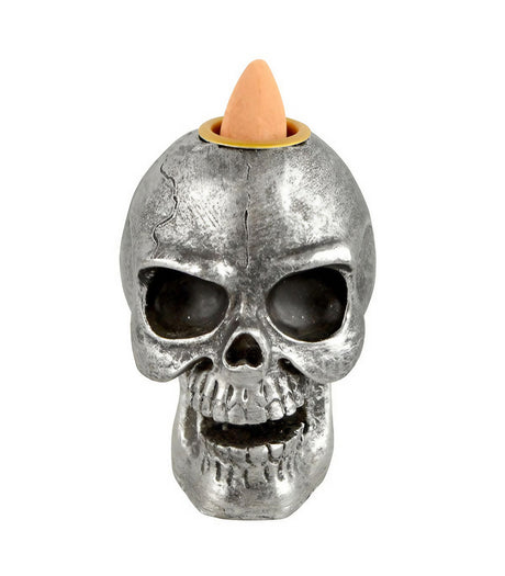 3" Polyresin Skull-Shaped Backflow Incense Burner with Incense Cone on Top - Front View