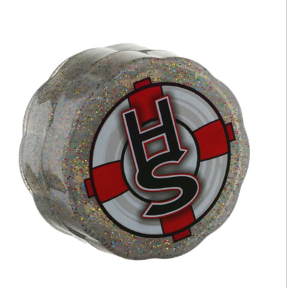Valiant Herb Grinder in Gray with Red and White Logo, Top View, Portable 2.5" Diameter for Dry Herbs