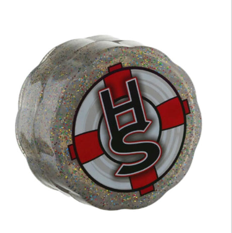 Valiant Herb Grinder in Gray with Red and White Logo, Top View, Portable 2.5" Diameter for Dry Herbs