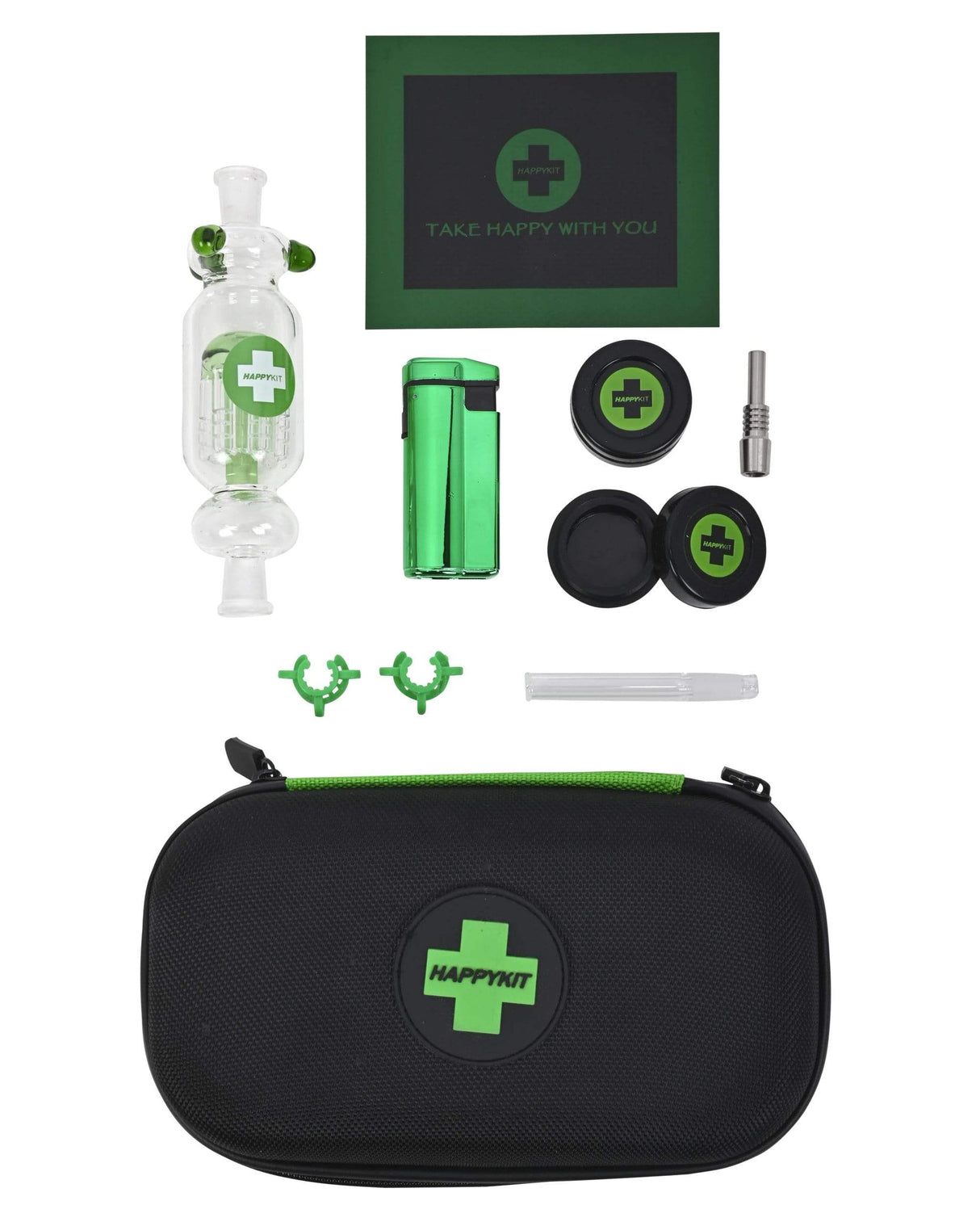 The Very Happy Dab Kit by Happy Kit in black with glass bong, lighter, silicone containers, and case