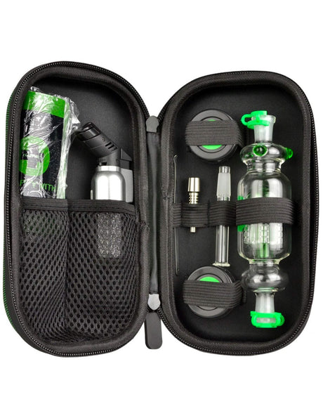 The Very Happy Dab Kit by Happy Kit with glass bubbler, torch, dab tool, and silicone jars in a hard case