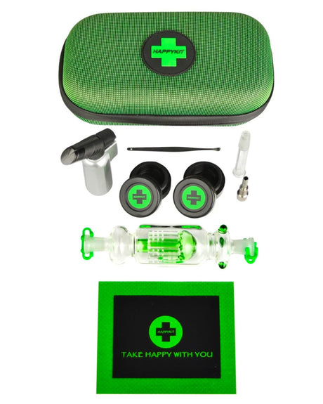 The Very Happy Dab Kit by Happy Kit in Green with glass dab rig, torch, containers, and carrying case