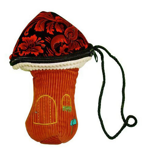 ThreadHeads Corduroy Mushroom Padded Pouch in brown with red floral cap design and wrist strap