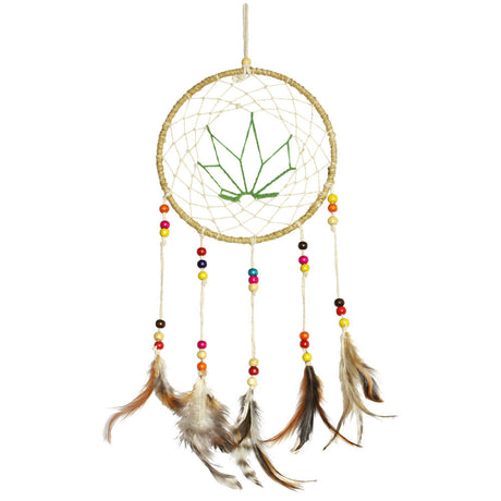 ThreadHeads Hemp Leaf Dreamcatcher in Tan, Front View with Colorful Beads and Feathers