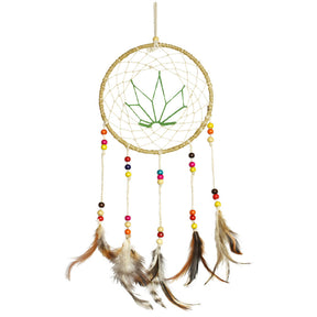 ThreadHeads Hemp Leaf Dreamcatcher in Tan, Front View with Colorful Beads and Feathers