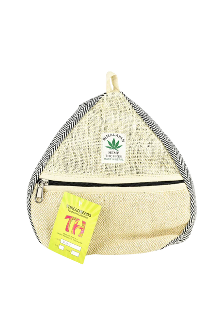 ThreadHeads Himalayan Hemp Convertible Sling Pack in tan with black strap, front view on white background