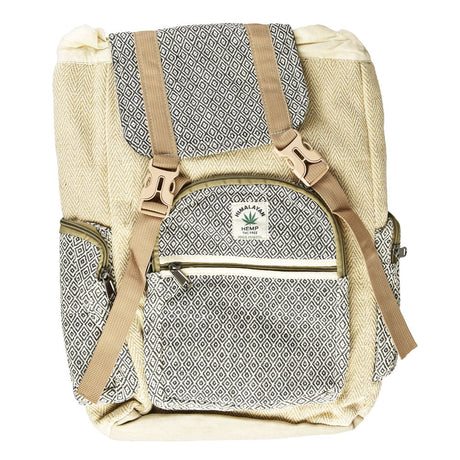 ThreadHeads Himalayan Hemp Diamonds Backpack in tan with black and white pattern, front view, 12"x16" size