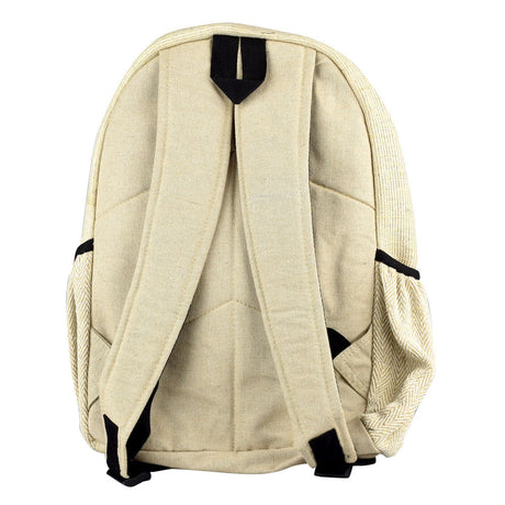 ThreadHeads Himalayan Hemp Backpack rear view showing padded straps and tan fabric