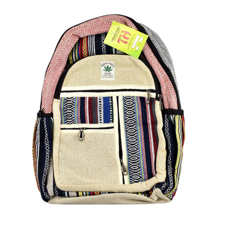 ThreadHeads Himalayan Hemp Multi-stripe Backpack in tan with colorful patterns, front view