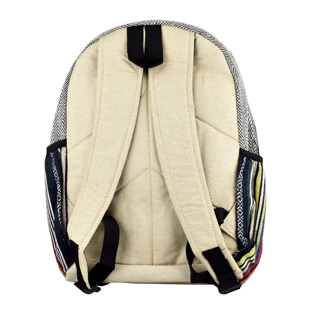 ThreadHeads Himalayan Hemp Backpack in tan with multi-stripe design, rear view showing straps