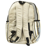 ThreadHeads Himalayan Hemp Peace Backpack in tan with mixed color accents, front view on white background