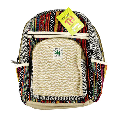 ThreadHeads Himalayan Hemp Mini Backpack with colorful woven patterns and tan front pocket