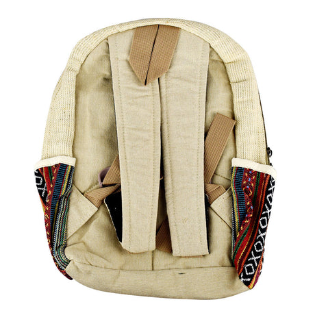 ThreadHeads Himalayan Hemp Mini Backpack rear view showing adjustable straps and colorful accents