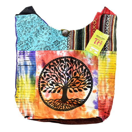 ThreadHeads Tree of Life Bag with vibrant tie-dye design and cotton sling strap, front view