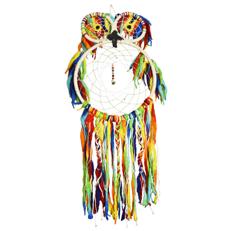 ThreadHeads Owl Dreamcatcher with colorful tassels, 42" length, front view, home decor