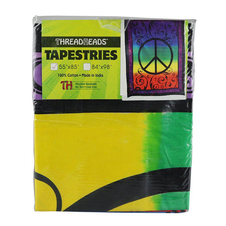 ThreadHeads Peace Tapestry in packaging, vibrant tie-dye design, 100% cotton, 55"x85" size