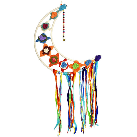 ThreadHeads Rainbow Flower Moon Dreamcatcher with colorful tassels, front view on white background