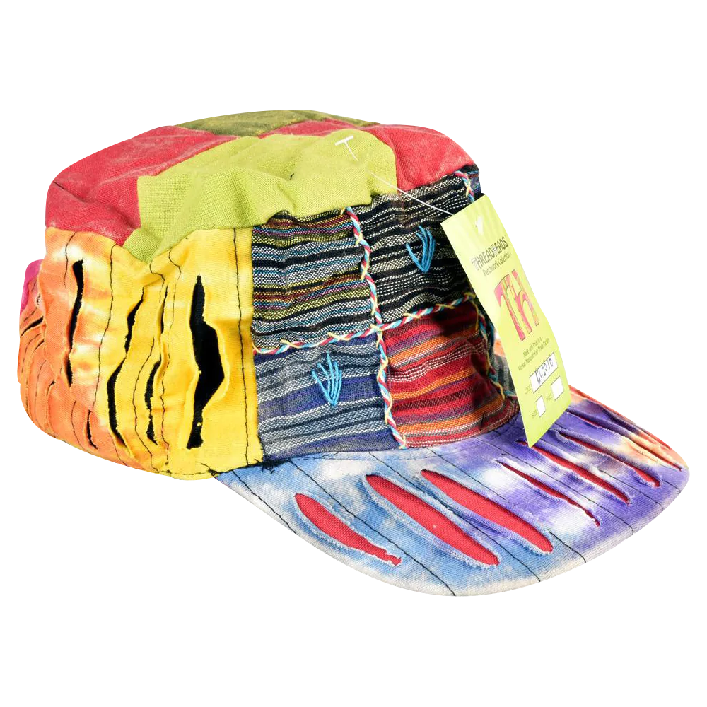 Stack of ThreadHeads Razor Cut Patched Sun Hats in various colors with unique designs, front view