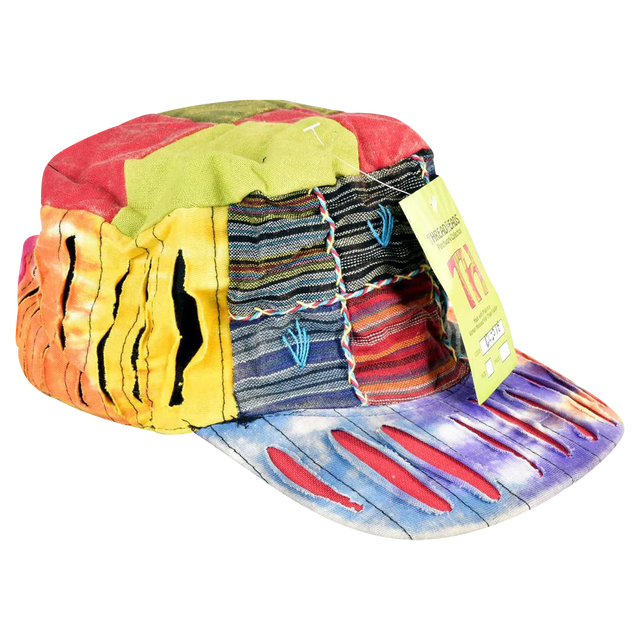 Stack of ThreadHeads Razor Cut Patched Sun Hats in various colors with unique designs, front view